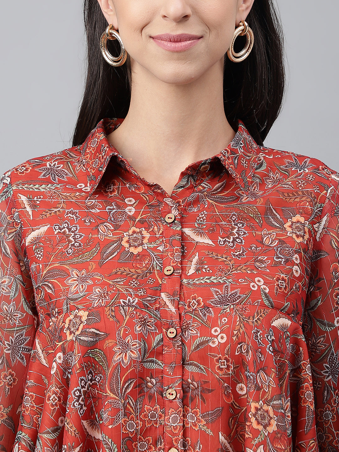 Janasya Women's Rust Chiffon Lurex Digital Printed Casual Flared Top | Swadesiicart