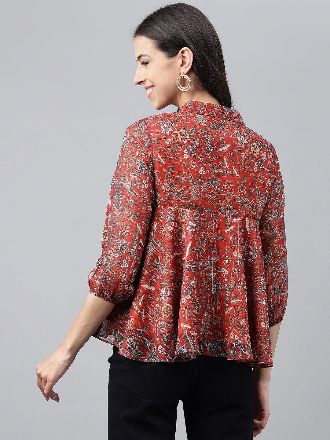 Janasya Women's Rust Chiffon Lurex Digital Printed Casual Flared Top | Swadesiicart