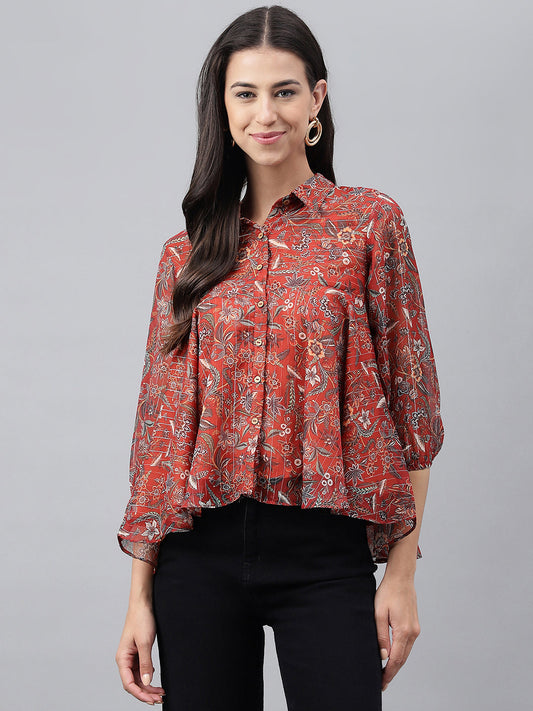 Janasya Women's Rust Chiffon Lurex Digital Printed Casual Flared Top | Swadesiicart