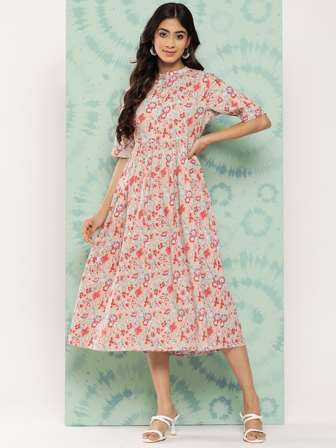 Janasya Women's Peach Cotton Floral Printed Gathered Casual Dress | Swadesiicart
