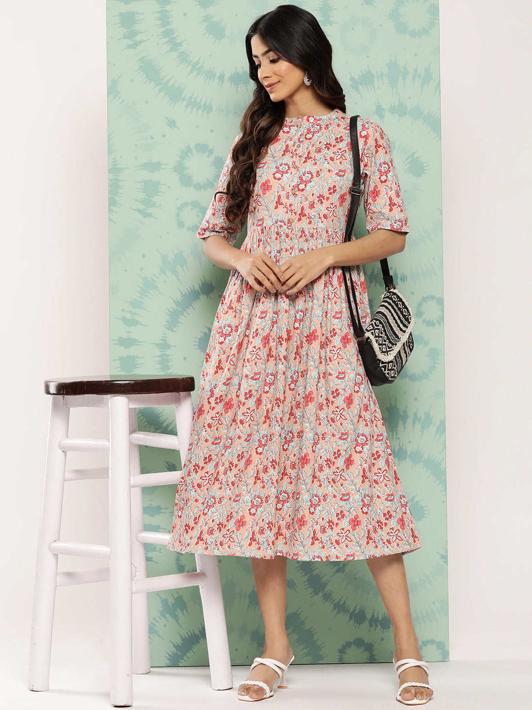 Janasya Women's Peach Cotton Floral Printed Gathered Casual Dress | Swadesiicart
