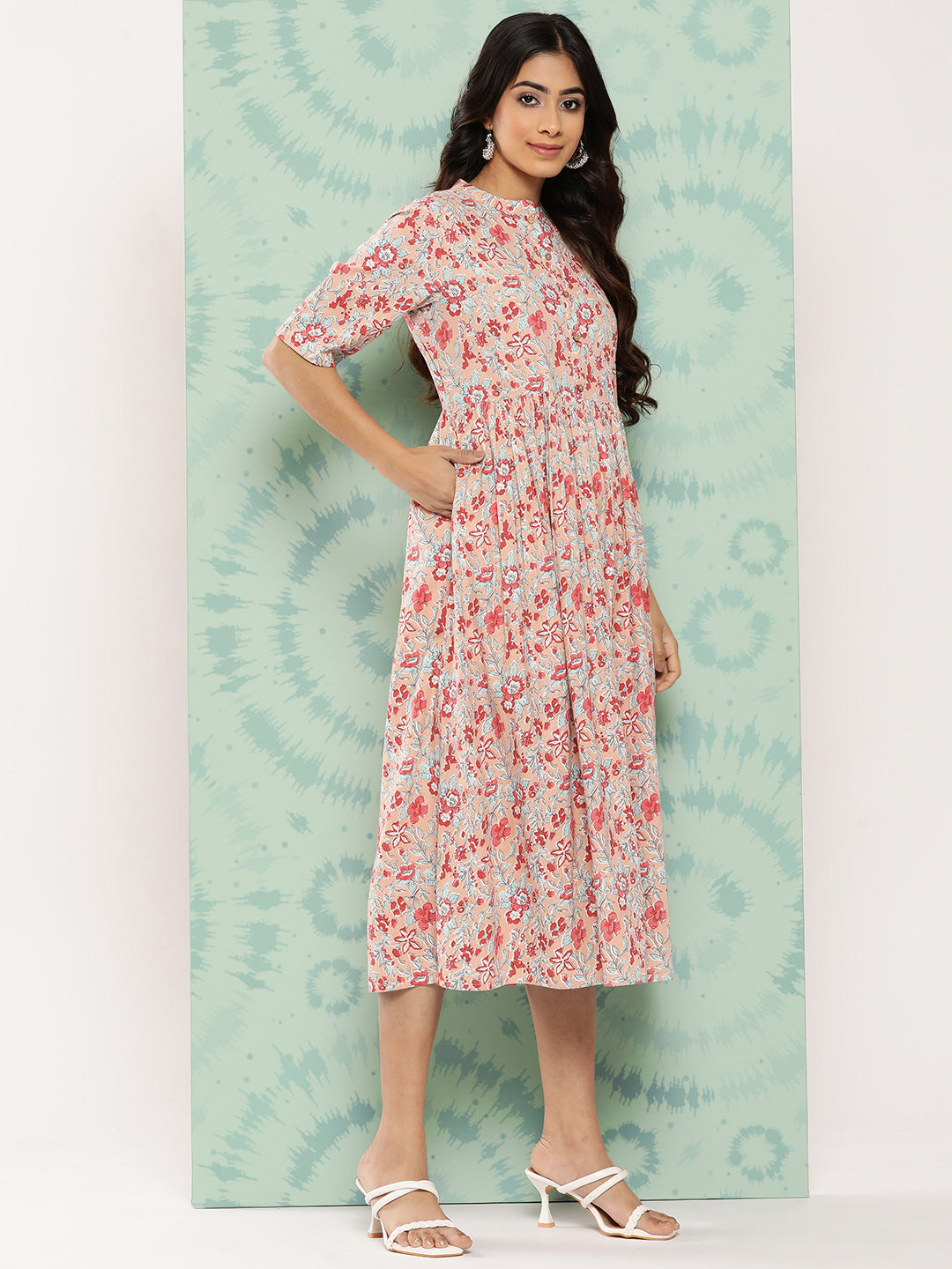 Janasya Women's Peach Cotton Floral Printed Gathered Casual Dress | Swadesiicart
