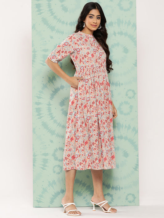 Janasya Women's Peach Cotton Floral Printed Gathered Casual Dress | Swadesiicart