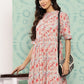 Janasya Women's Peach Cotton Floral Printed Gathered Casual Dress | Swadesiicart