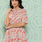 Janasya Women's Peach Cotton Floral Printed Gathered Casual Dress | Swadesiicart