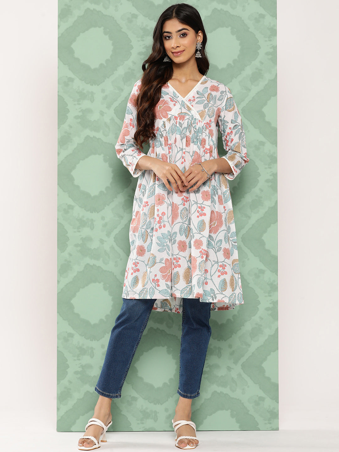 Janasya Women's White Cotton Botanical Print Casual Gathered Tunic | Swadesiicart