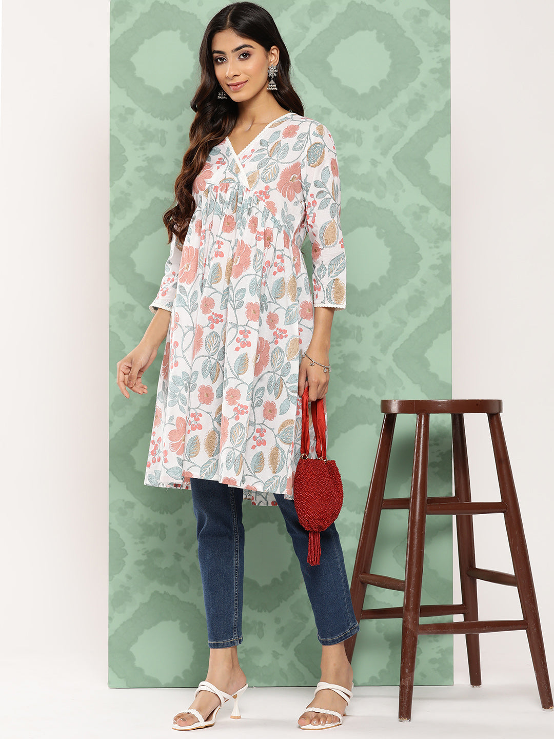 Janasya Women's White Cotton Botanical Print Casual Gathered Tunic | Swadesiicart