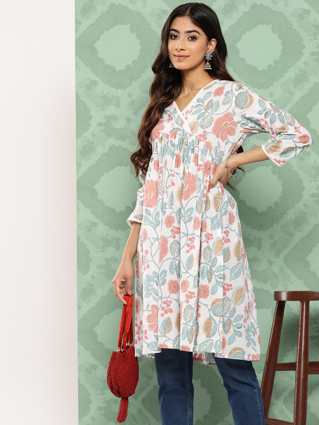 Janasya Women's White Cotton Botanical Print Casual Gathered Tunic | Swadesiicart