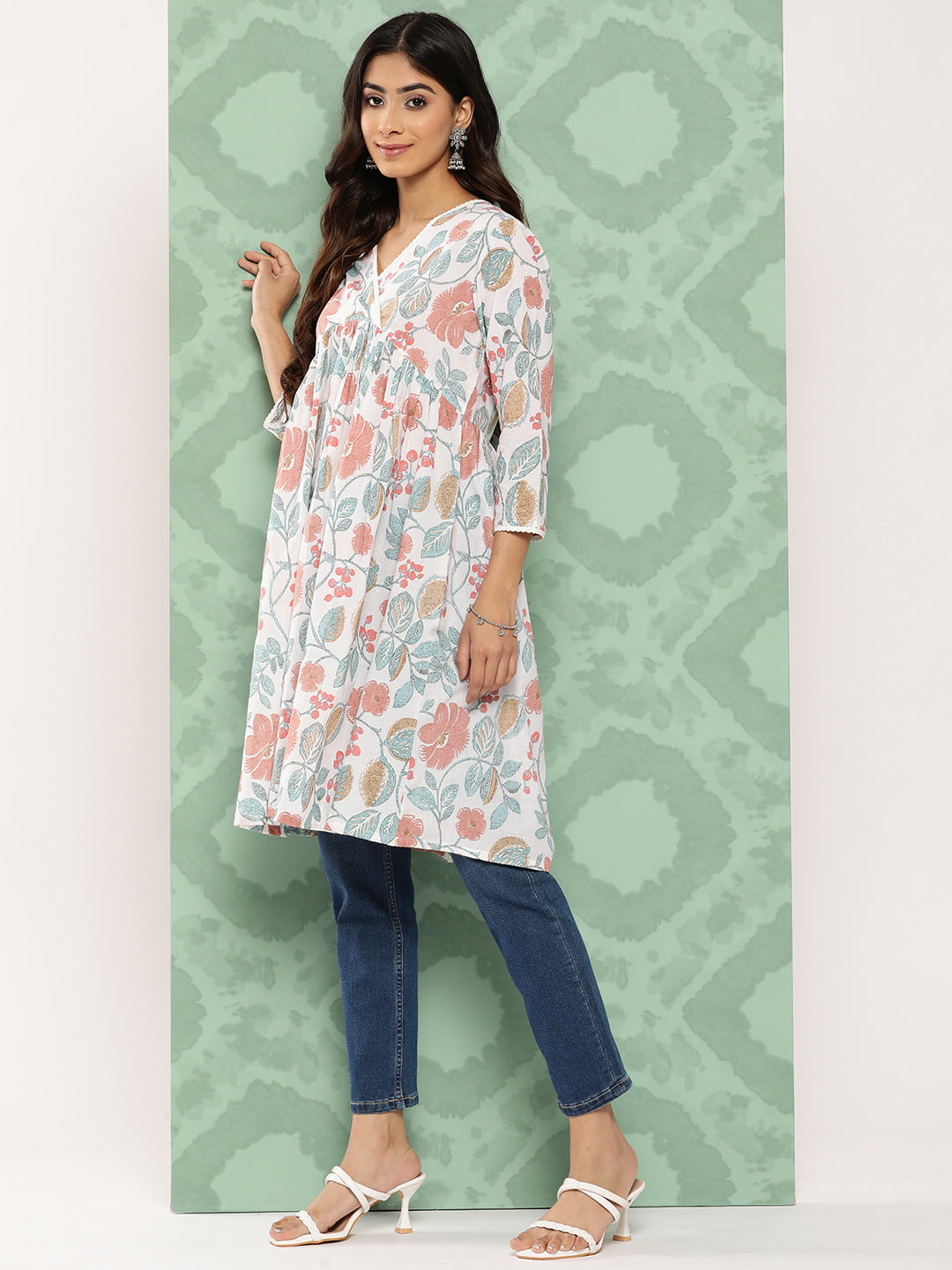 Janasya Women's White Cotton Botanical Print Casual Gathered Tunic | Swadesiicart