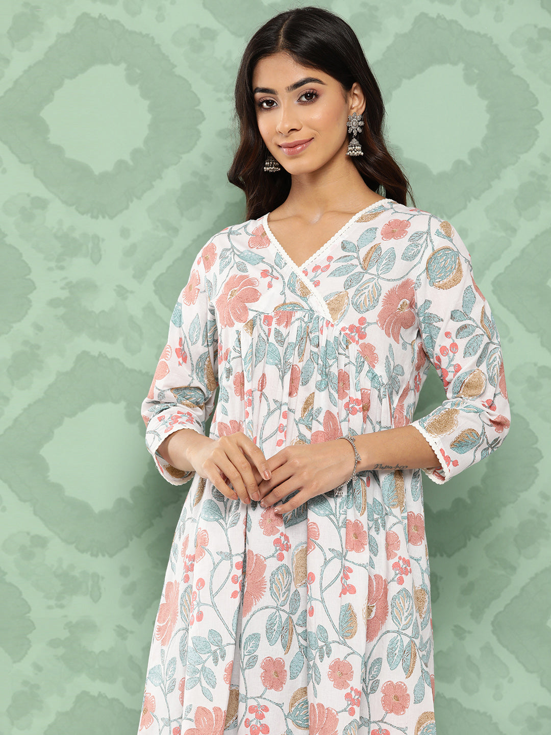 Janasya Women's White Cotton Botanical Print Casual Gathered Tunic | Swadesiicart