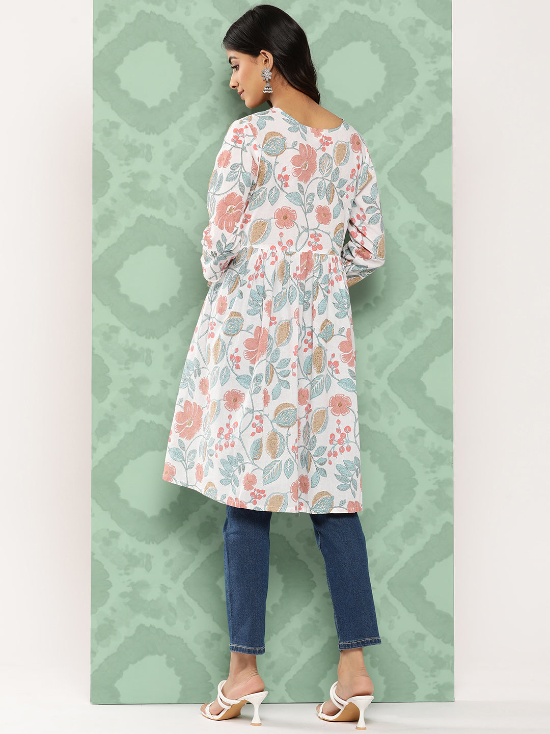Janasya Women's White Cotton Botanical Print Casual Gathered Tunic | Swadesiicart