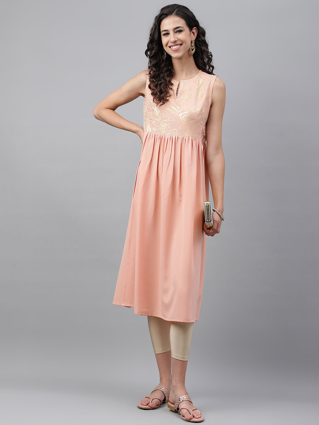 Janasya Women's Peach Crepe Foil Printed Festive Gathered Kurta | Swadesiicart