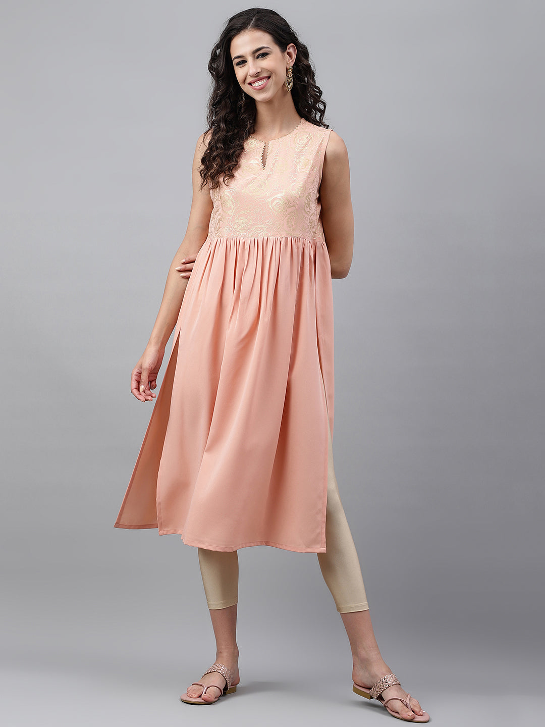Janasya Women's Peach Crepe Foil Printed Festive Gathered Kurta | Swadesiicart