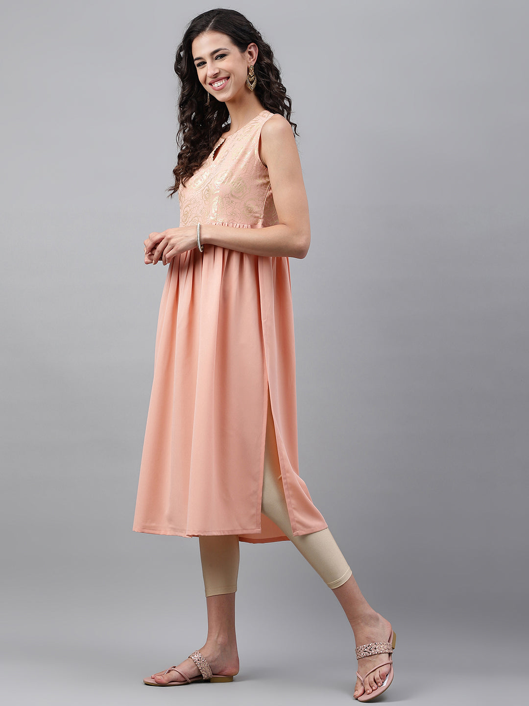 Janasya Women's Peach Crepe Foil Printed Festive Gathered Kurta | Swadesiicart