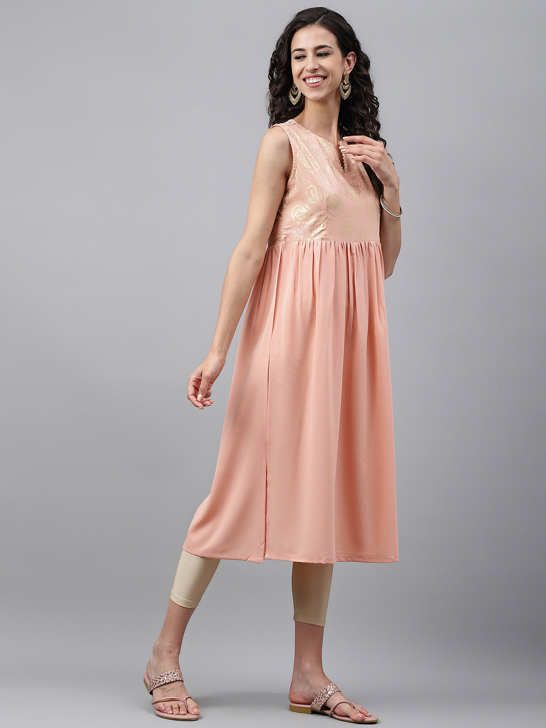 Janasya Women's Peach Crepe Foil Printed Festive Gathered Kurta | Swadesiicart