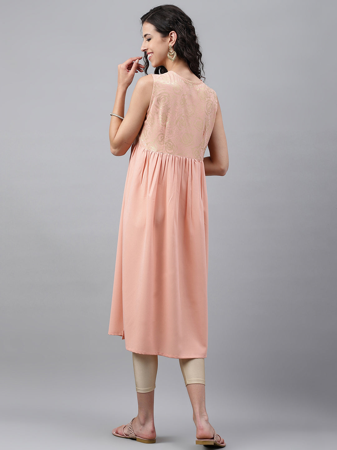 Janasya Women's Peach Crepe Foil Printed Festive Gathered Kurta | Swadesiicart