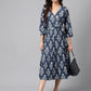 Janasya Women's Navy Blue Cotton Floral Printed Wrap Casual Dress | Swadesiicart