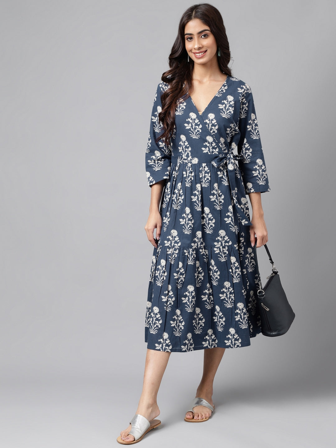 Janasya Women's Navy Blue Cotton Floral Printed Wrap Casual Dress | Swadesiicart