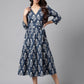 Janasya Women's Navy Blue Cotton Floral Printed Wrap Casual Dress | Swadesiicart