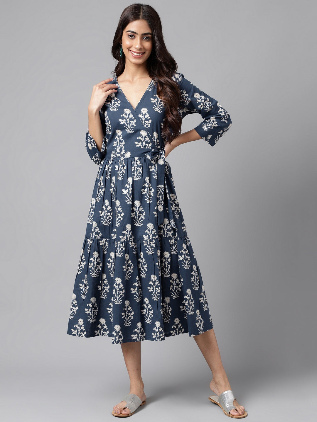Janasya Women's Navy Blue Cotton Floral Printed Wrap Casual Dress | Swadesiicart