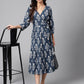 Janasya Women's Navy Blue Cotton Floral Printed Wrap Casual Dress | Swadesiicart