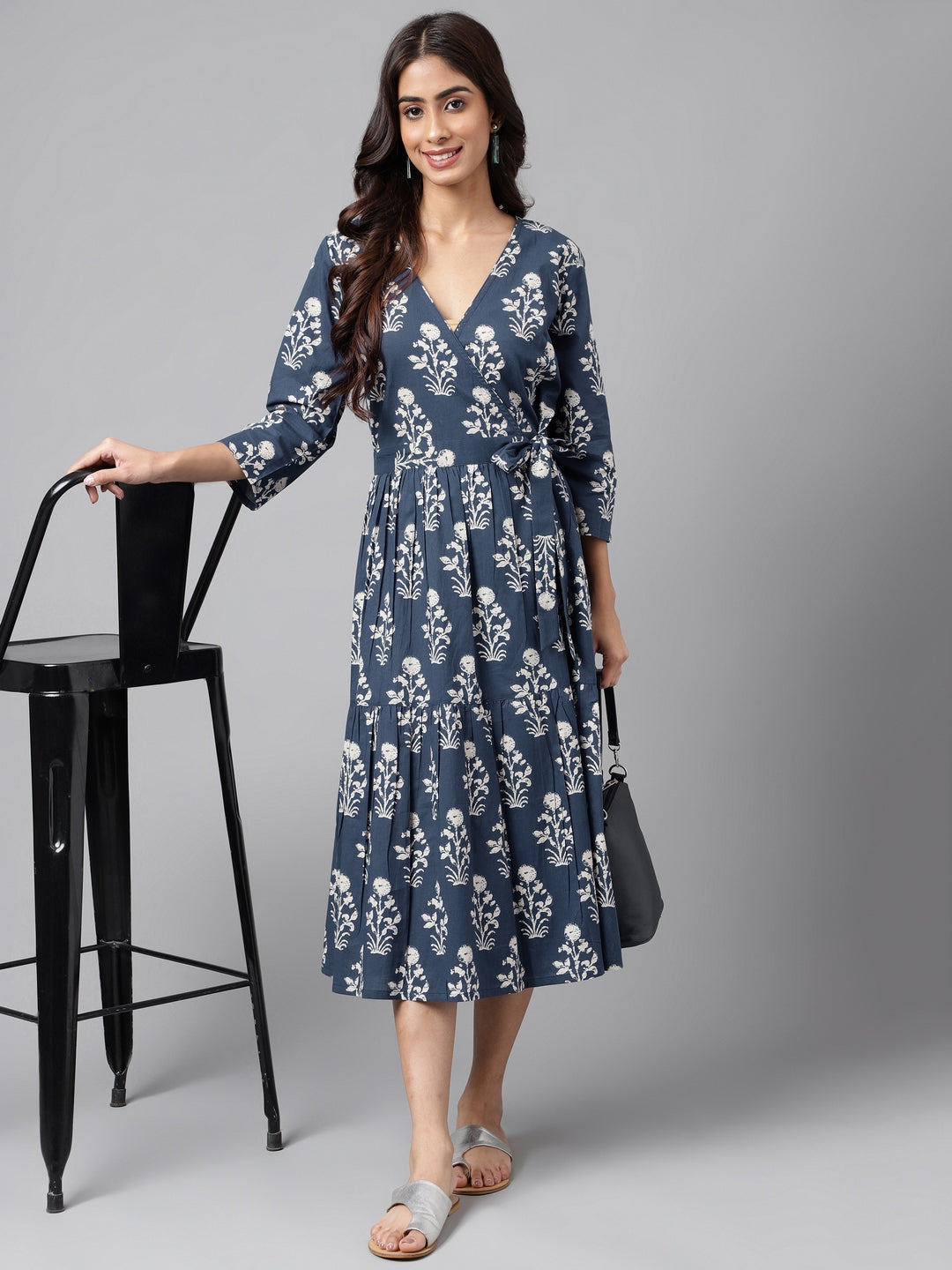 Janasya Women's Navy Blue Cotton Floral Printed Wrap Casual Dress | Swadesiicart