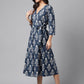 Janasya Women's Navy Blue Cotton Floral Printed Wrap Casual Dress | Swadesiicart