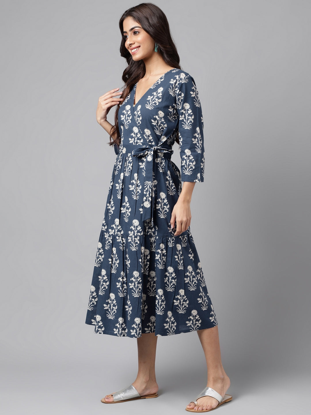 Janasya Women's Navy Blue Cotton Floral Printed Wrap Casual Dress | Swadesiicart