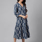 Janasya Women's Navy Blue Cotton Floral Printed Wrap Casual Dress | Swadesiicart