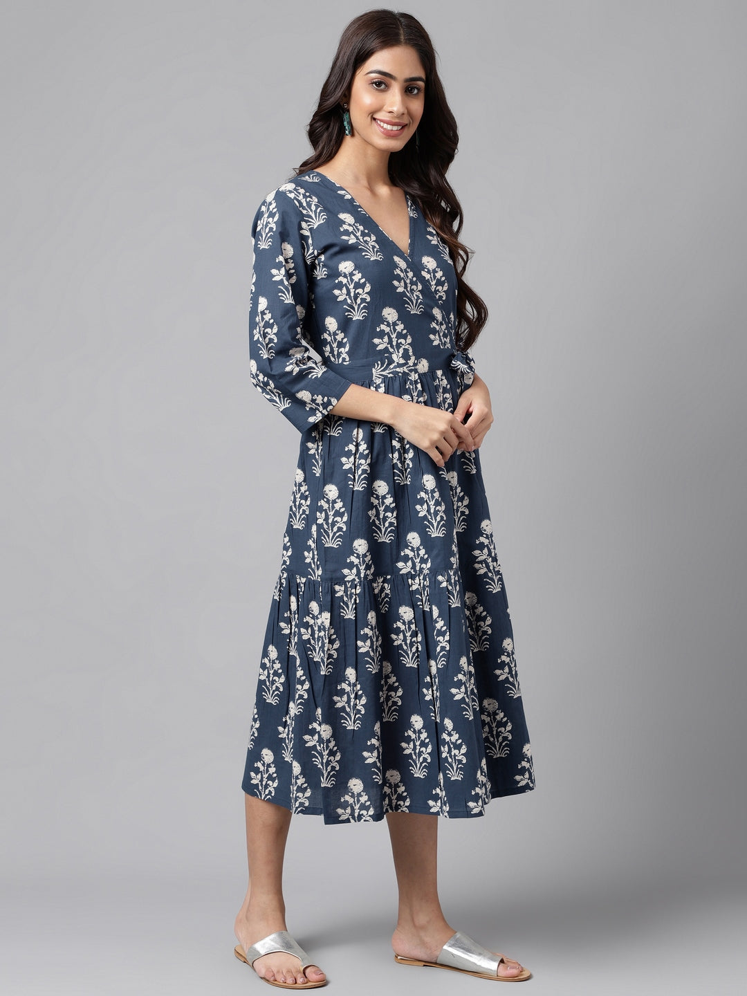 Janasya Women's Navy Blue Cotton Floral Printed Wrap Casual Dress | Swadesiicart