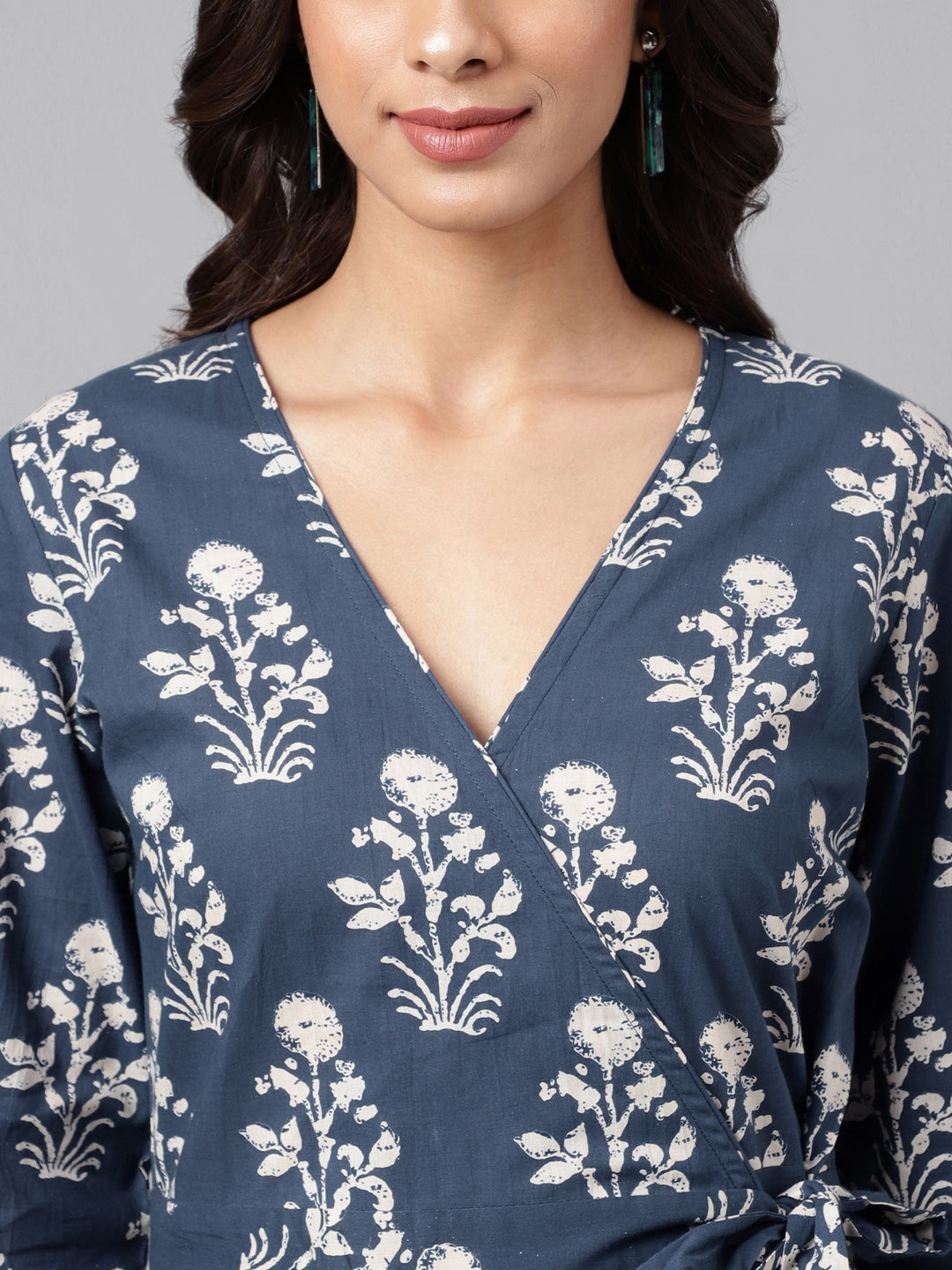 Janasya Women's Navy Blue Cotton Floral Printed Wrap Casual Dress | Swadesiicart