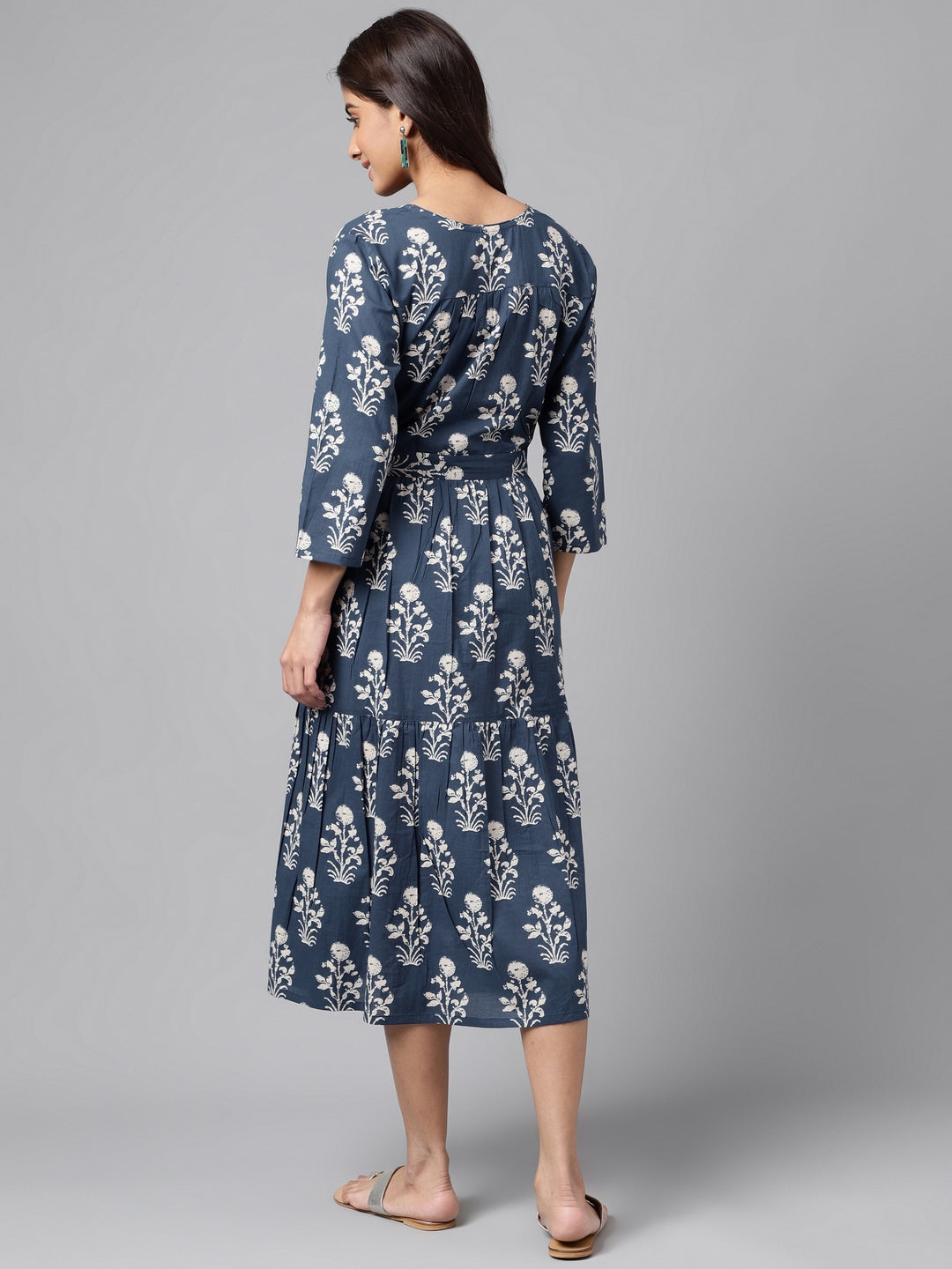 Janasya Women's Navy Blue Cotton Floral Printed Wrap Casual Dress | Swadesiicart