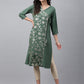 Janasya Women's Green Crepe Foil Printed Festive Angrakha Kurta | Swadesiicart