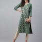 Janasya Women's Green Crepe Foil Printed Festive Angrakha Kurta | Swadesiicart
