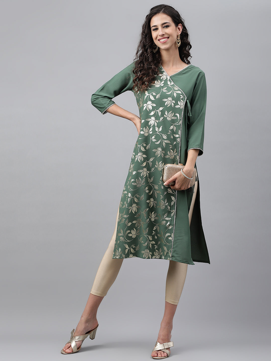 Janasya Women's Green Crepe Foil Printed Festive Angrakha Kurta | Swadesiicart