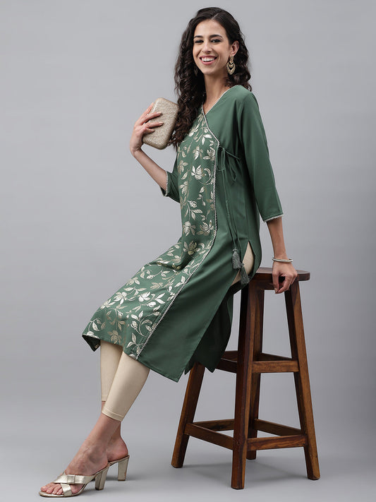 Janasya Women's Green Crepe Foil Printed Festive Angrakha Kurta | Swadesiicart