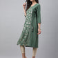 Janasya Women's Green Crepe Foil Printed Festive Angrakha Kurta | Swadesiicart