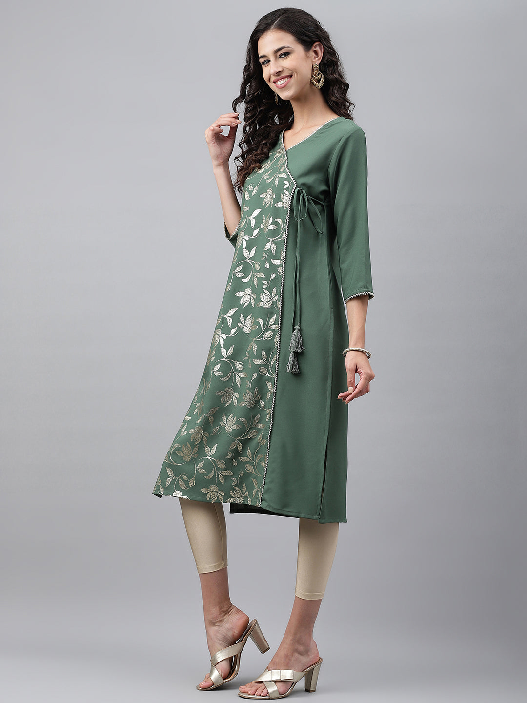 Janasya Women's Green Crepe Foil Printed Festive Angrakha Kurta | Swadesiicart