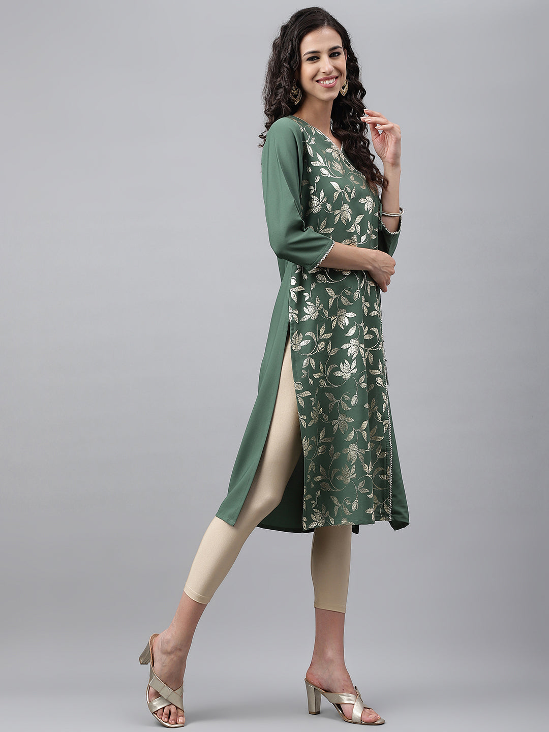 Janasya Women's Green Crepe Foil Printed Festive Angrakha Kurta | Swadesiicart
