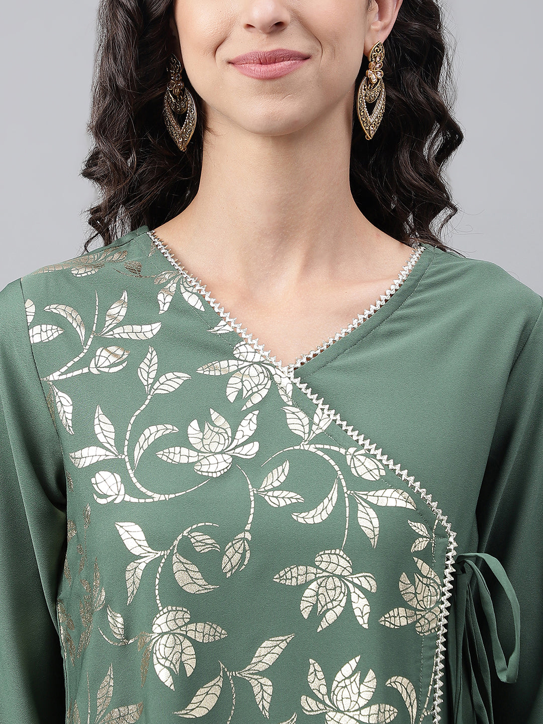 Janasya Women's Green Crepe Foil Printed Festive Angrakha Kurta | Swadesiicart