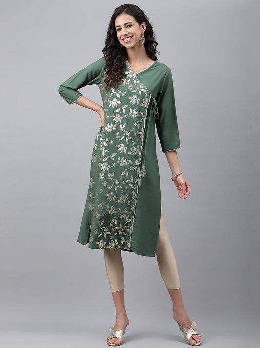 Janasya Women's Green Crepe Foil Printed Festive Angrakha Kurta | Swadesiicart
