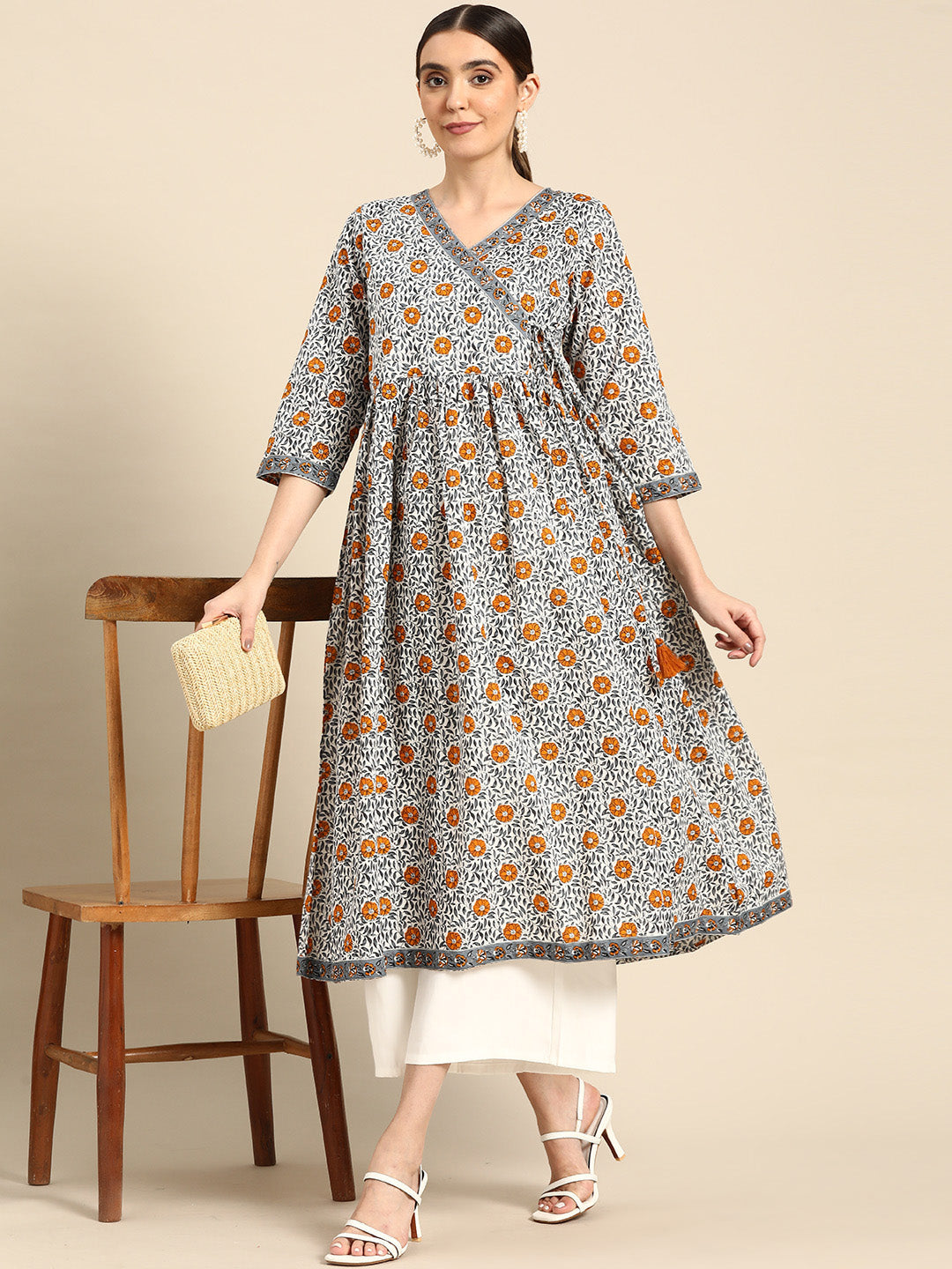 Janasya Women's White Cotton Floral Printed Casual Angrakha Kurta | Swadesiicart