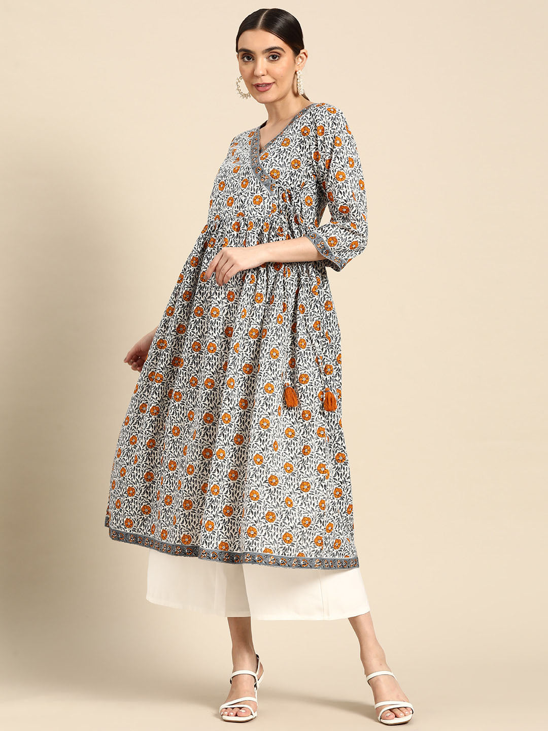 Janasya Women's White Cotton Floral Printed Casual Angrakha Kurta | Swadesiicart