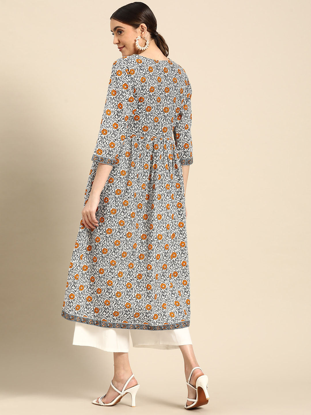 Janasya Women's White Cotton Floral Printed Casual Angrakha Kurta | Swadesiicart