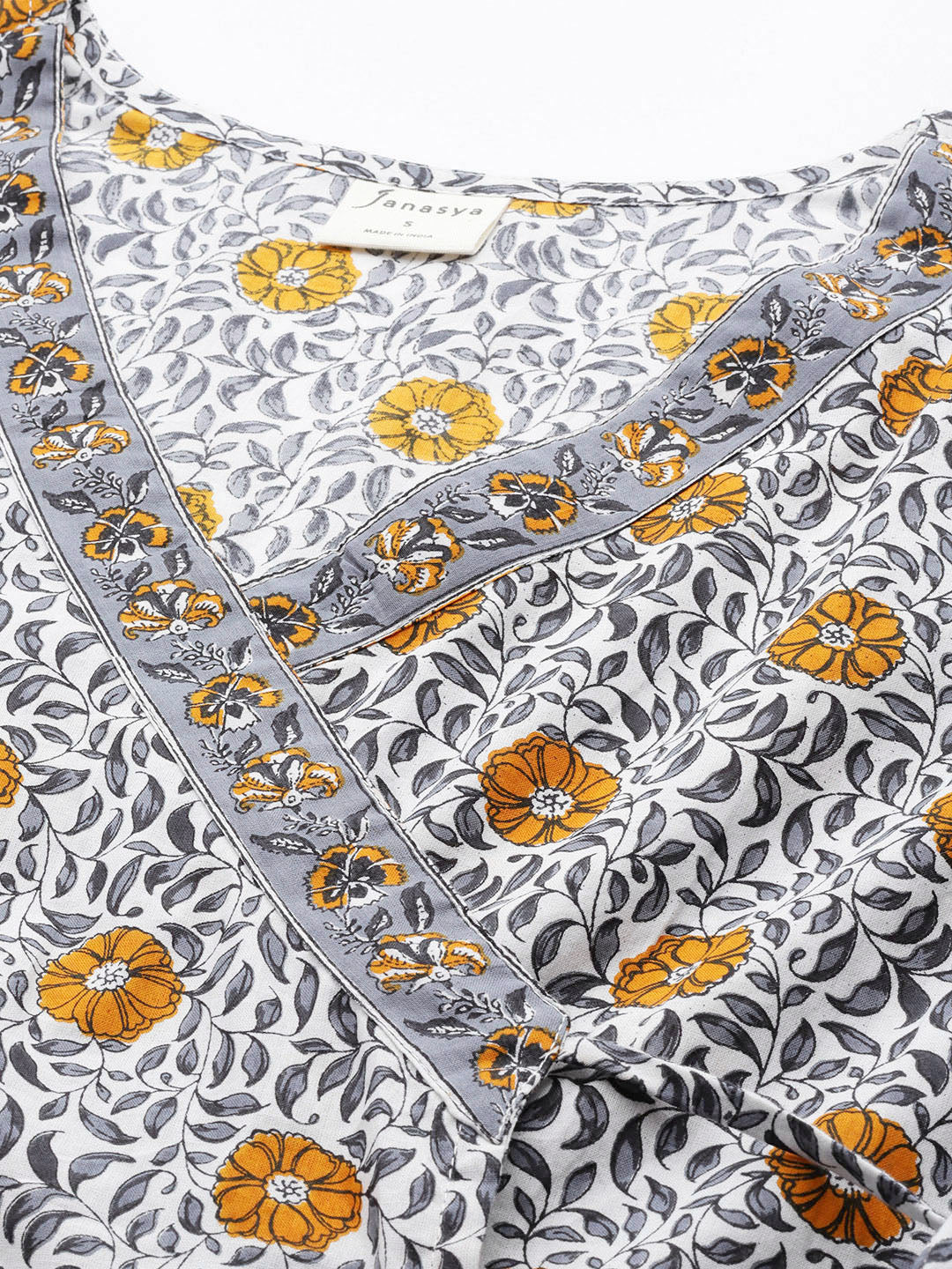 Janasya Women's White Cotton Floral Printed Casual Angrakha Kurta | Swadesiicart