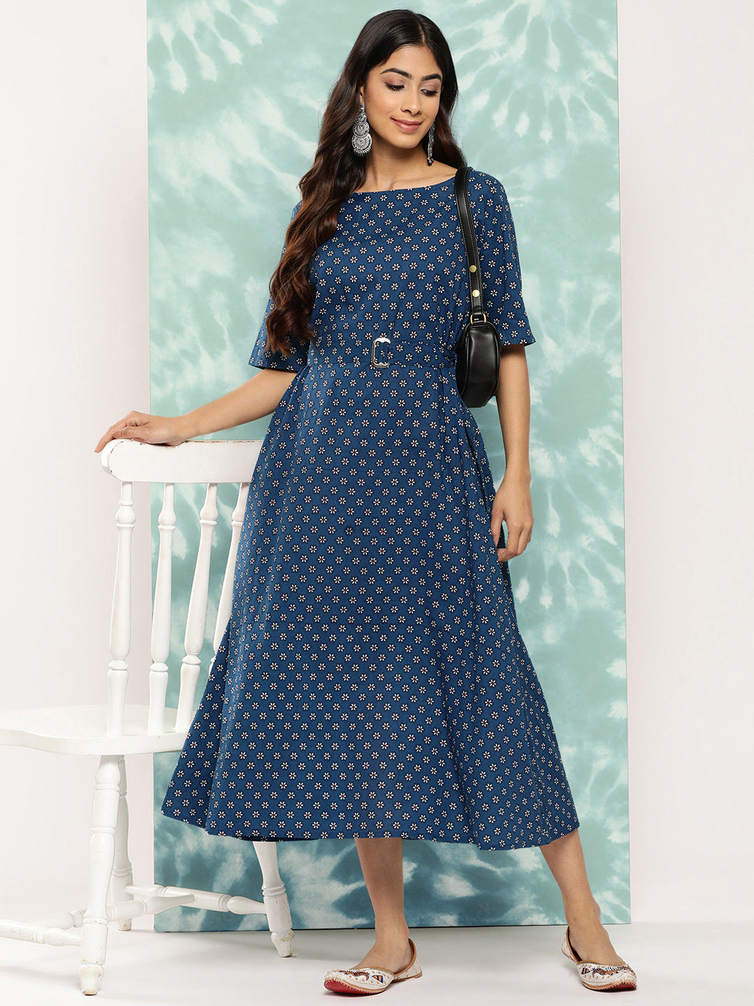 Janasya Women's Navy Blue Cotton Floral Printed A Line Casual Dress | Swadesiicart