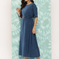 Janasya Women's Navy Blue Cotton Floral Printed A Line Casual Dress | Swadesiicart