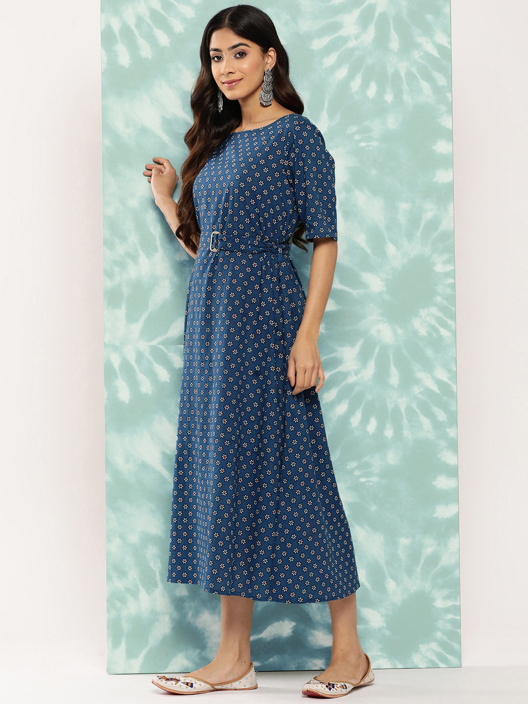 Janasya Women's Navy Blue Cotton Floral Printed A Line Casual Dress | Swadesiicart