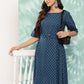 Janasya Women's Navy Blue Cotton Floral Printed A Line Casual Dress | Swadesiicart