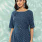 Janasya Women's Navy Blue Cotton Floral Printed A Line Casual Dress | Swadesiicart